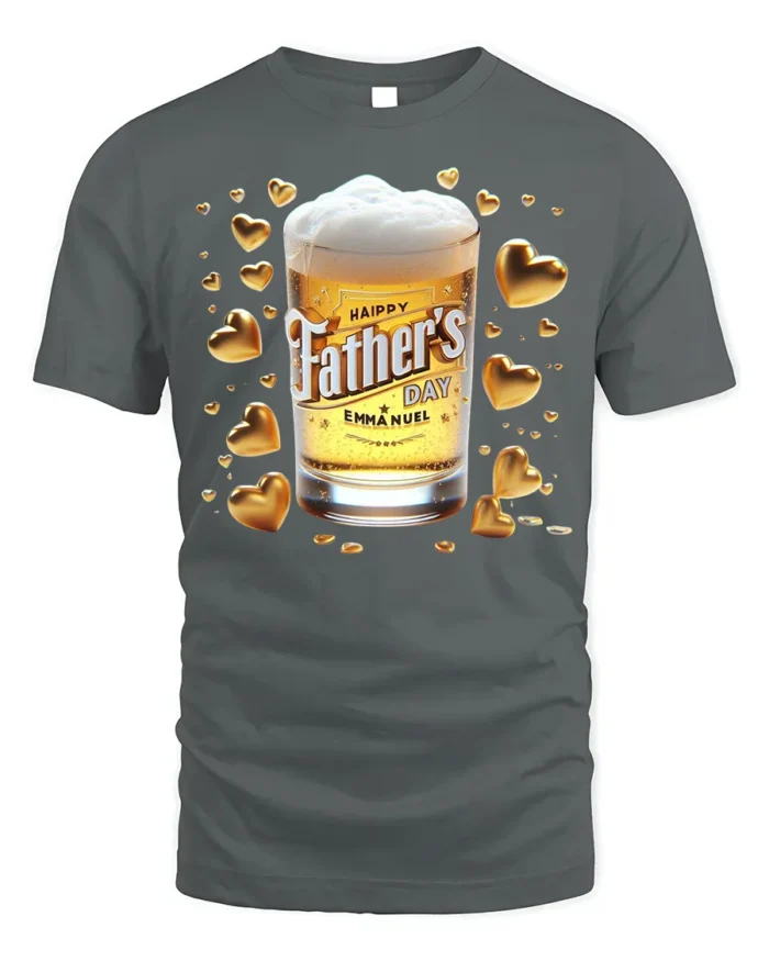 Happy Father’s Day T-Shirt Beer Glass Gold Hearts - gray t-shirt on white background