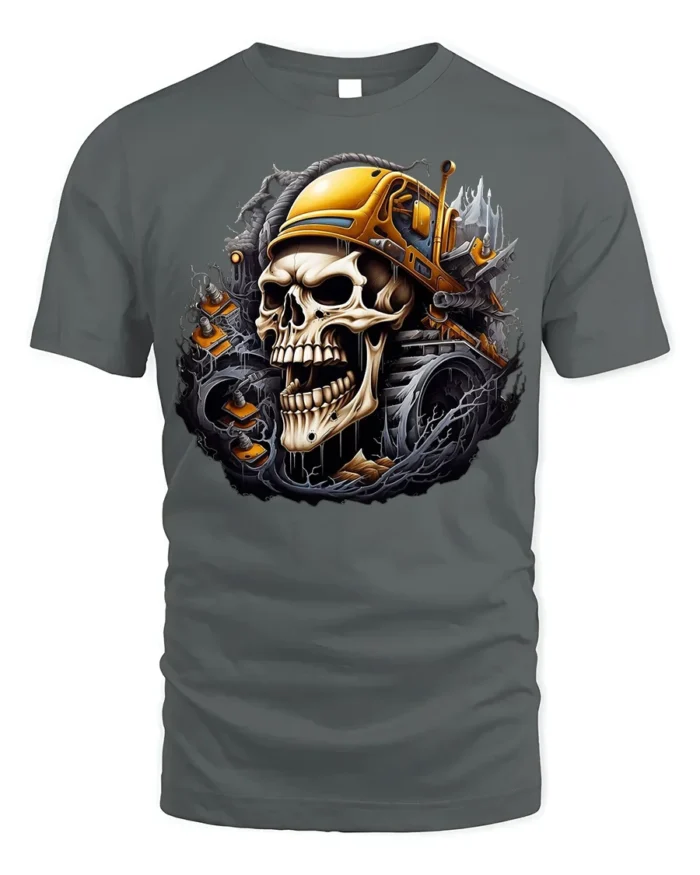 Skull Bulldozer T-Shirt Heavy Metal Construction - gray t-shirt on white background