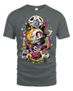Trippy Cat Skull T-Shirt Psychedelic Gamer Streetwear - gray t-shirt on white background