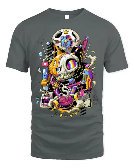 Trippy Cat Skull T-Shirt Psychedelic Gamer Streetwear - gray t-shirt on white background