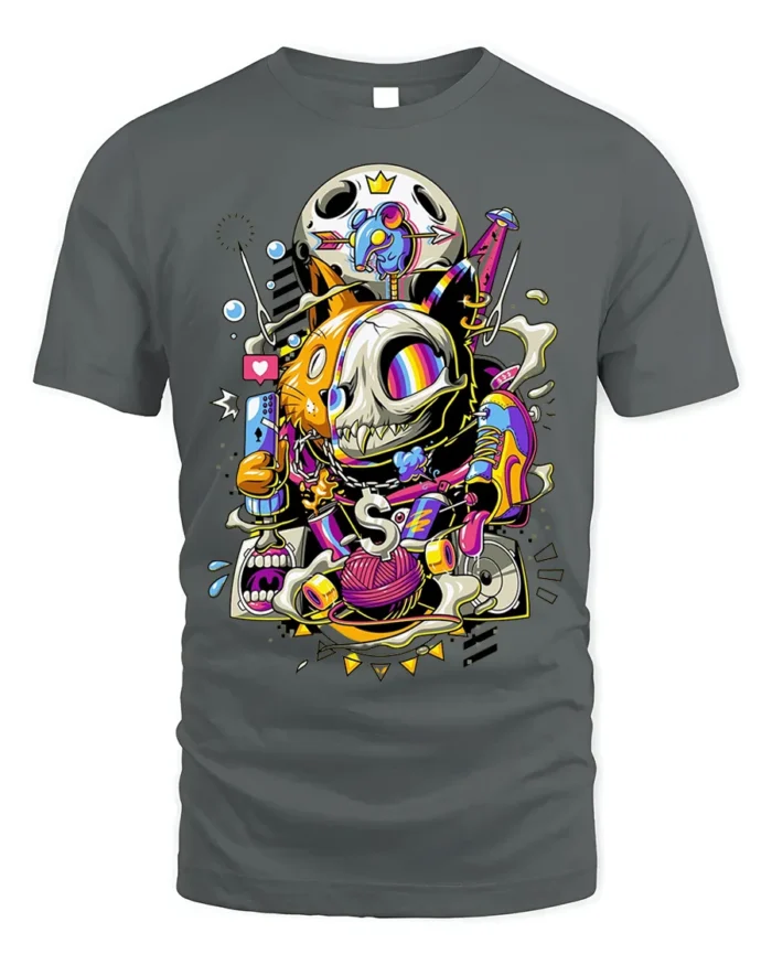 Trippy Cat Skull T-Shirt Psychedelic Gamer Streetwear - gray t-shirt on white background