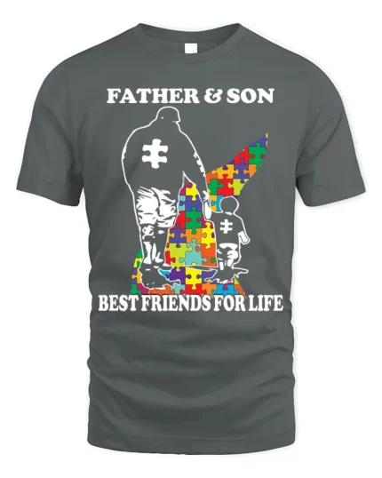 Father Son Best Friends Puzzle Autism Support T-Shirt - gray t-shirt on white background