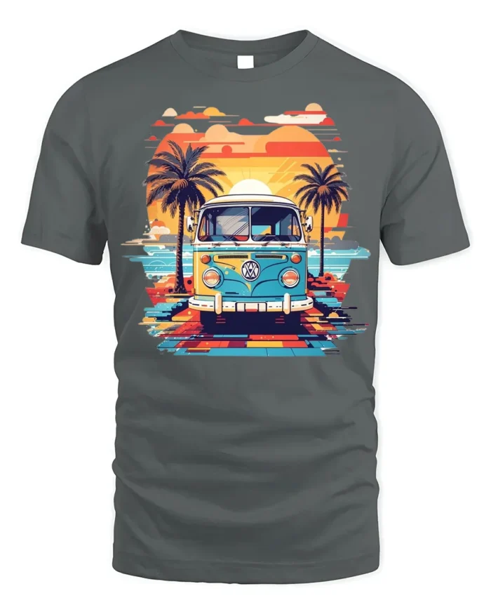 Retro Van Sunset Beach Vibes Summer Vacation T-Shirt - gray t-shirt on white background
