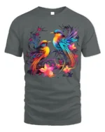 Colorful Birds and Flowers Art T-Shirt for Nature Lovers - gray t-shirt on white background