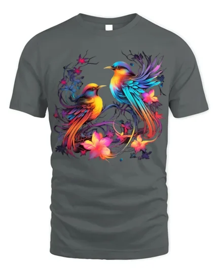 Colorful Birds and Flowers Art T-Shirt for Nature Lovers - gray t-shirt on white background
