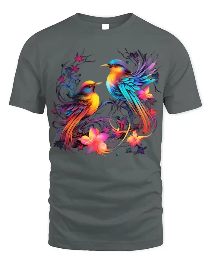 Colorful Birds and Flowers Art T-Shirt for Nature Lovers - gray t-shirt on white background