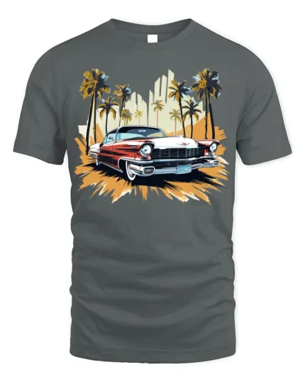 Classic Vintage Car T-Shirt with Palm Trees Retro Design - gray t-shirt on white background