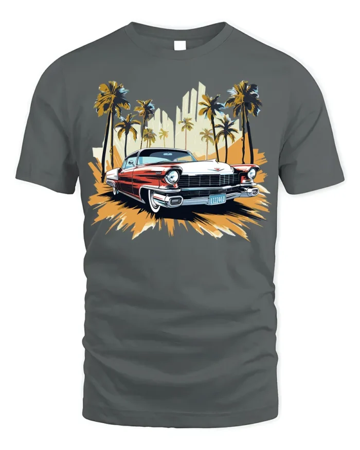 Classic Vintage Car T-Shirt with Palm Trees Retro Design - gray t-shirt on white background