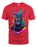 Viking Warrior T-Shirt Neon Norse Art on Soft Cotton - red t-shirt on white background