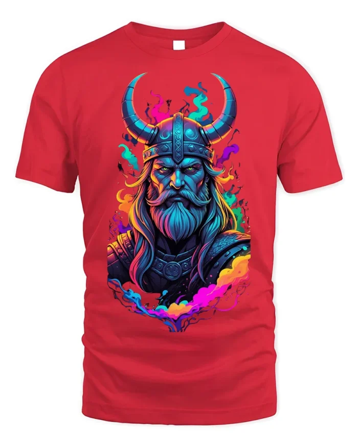 Viking Warrior T-Shirt Neon Norse Art on Soft Cotton - red t-shirt on white background