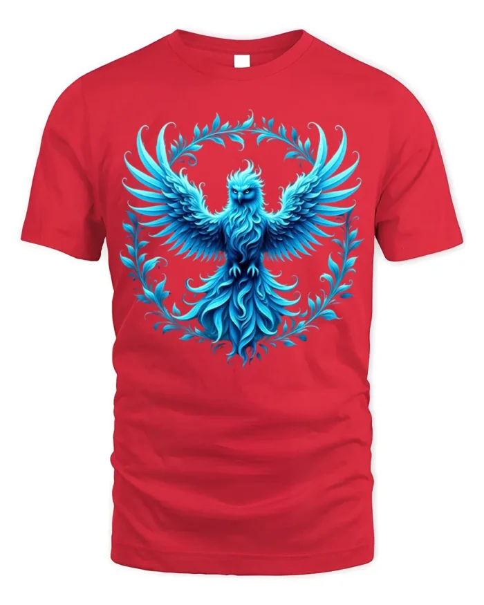 Majestic Blue Phoenix Art T-Shirt Soft Cotton - red t-shirt on white background