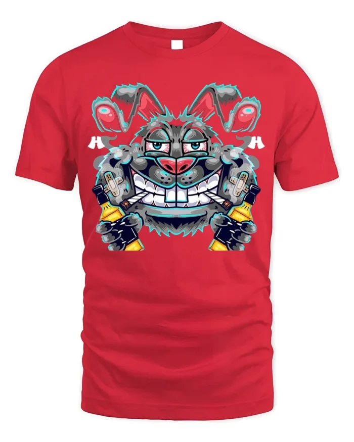 Crazy Bunny Graffiti T-Shirt Street Art Cotton - red t-shirt on white background