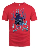 Dark Spirit Reaper T-Shirt Blue Flame Skeleton - red t-shirt on white background