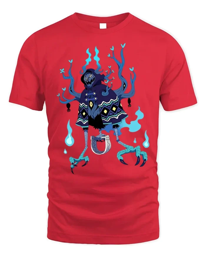 Dark Spirit Reaper T-Shirt Blue Flame Skeleton - red t-shirt on white background