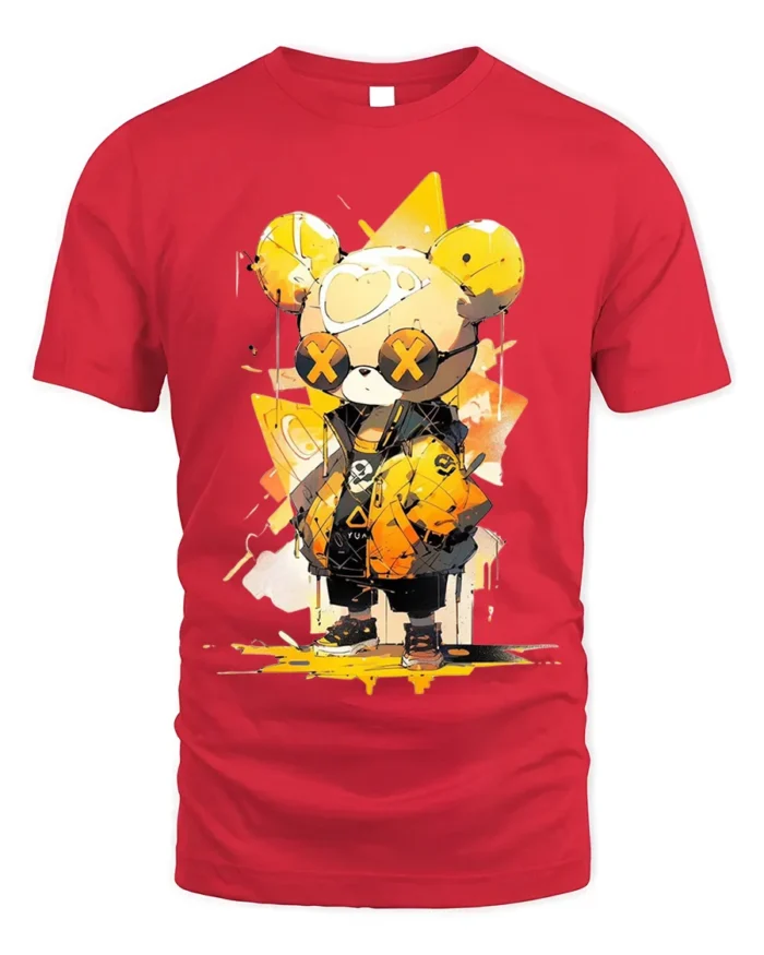 Urban Yellow Bear T-Shirt Cool Streetwear Cartoon - red t-shirt on white background