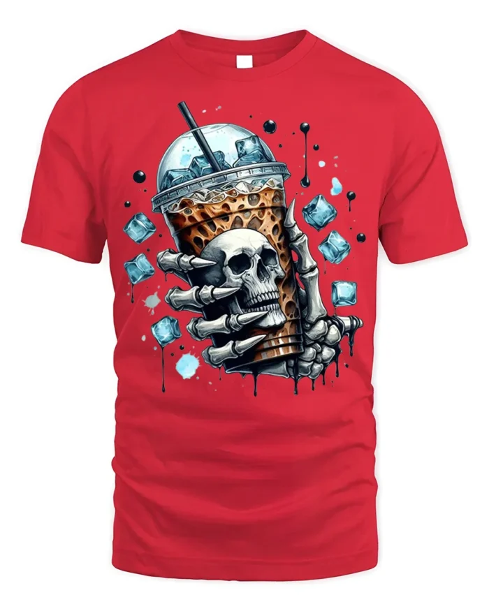 Iced Coffee Skull T-Shirt Cool Gothic Barista - red t-shirt on white background