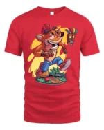 Retro Gamer T-Shirt Fun Orange Cartoon Mascot - red t-shirt on white background