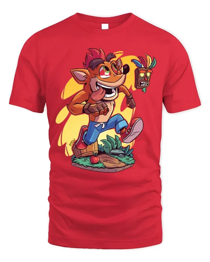 Retro Gamer T-Shirt Fun Orange Cartoon Mascot - red t-shirt on white background