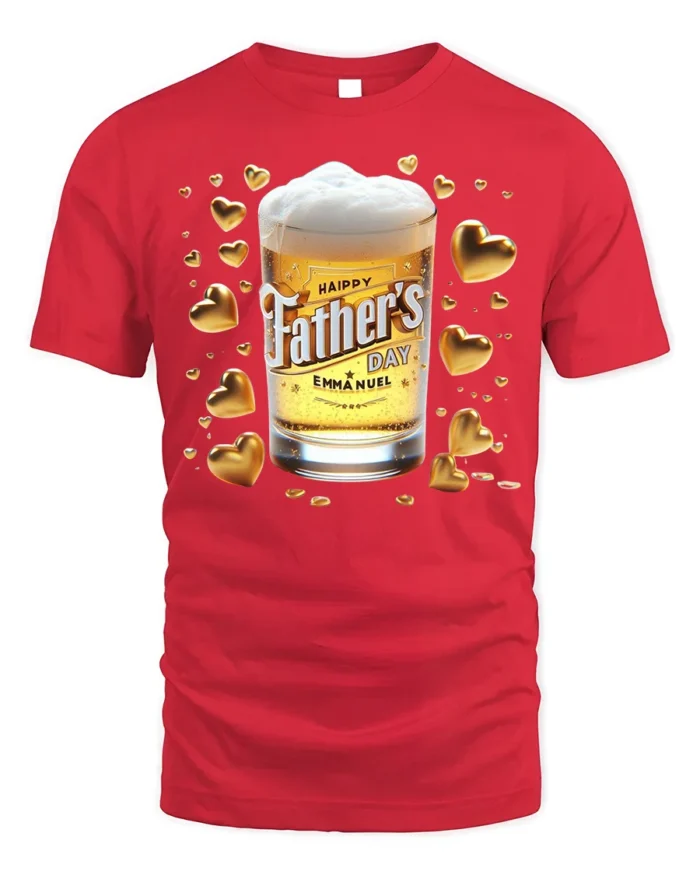 Happy Father’s Day T-Shirt Beer Glass Gold Hearts - red t-shirt on white background