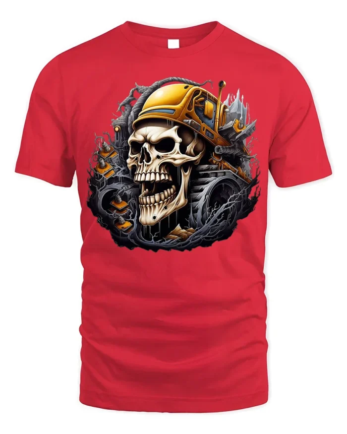 Skull Bulldozer T-Shirt Heavy Metal Construction - red t-shirt on white background