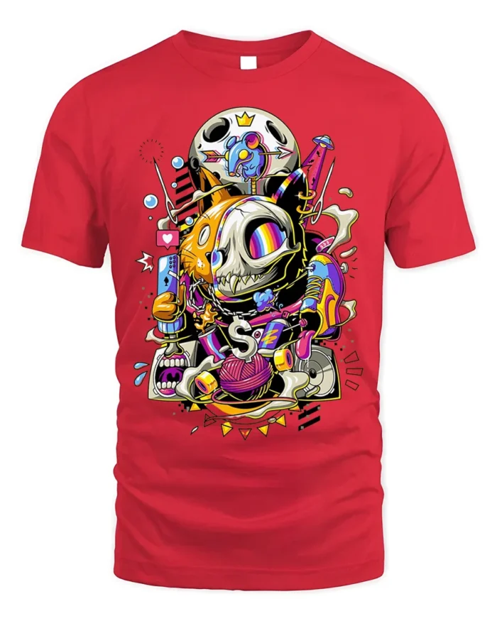 Trippy Cat Skull T-Shirt Psychedelic Gamer Streetwear - red t-shirt on white background