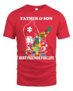 Father Son Best Friends Puzzle Autism Support T-Shirt - red t-shirt on white background