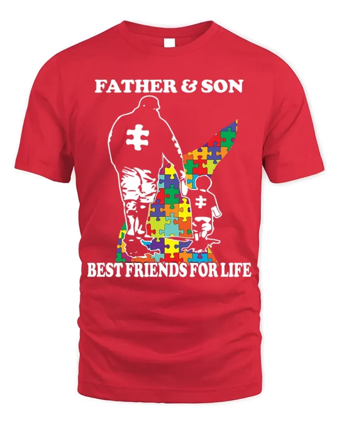 Father Son Best Friends Puzzle Autism Support T-Shirt - red t-shirt on white background
