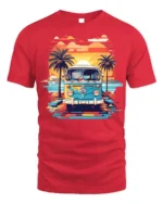 Retro Van Sunset Beach Vibes Summer Vacation T-Shirt - red t-shirt on white background