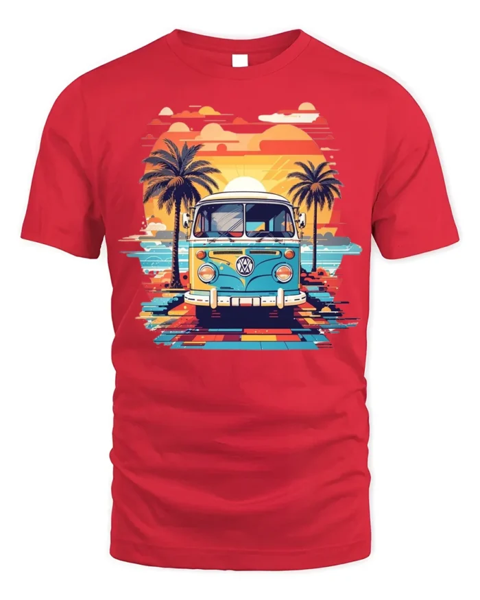 Retro Van Sunset Beach Vibes Summer Vacation T-Shirt - red t-shirt on white background