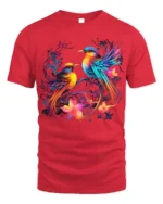 Colorful Birds and Flowers Art T-Shirt for Nature Lovers - red t-shirt on white background