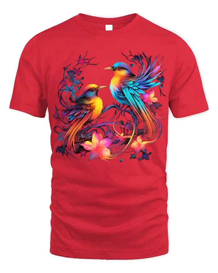 Colorful Birds and Flowers Art T-Shirt for Nature Lovers - red t-shirt on white background