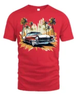 Classic Vintage Car T-Shirt with Palm Trees Retro Design - red t-shirt on white background