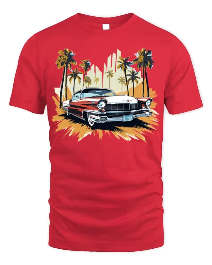 Classic Vintage Car T-Shirt with Palm Trees Retro Design - red t-shirt on white background
