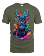 Viking Warrior T-Shirt Neon Norse Art on Soft Cotton - military green t-shirt on white background