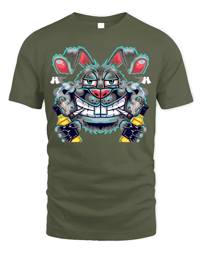 Crazy Bunny Graffiti T-Shirt Street Art Cotton - military green t-shirt on white background