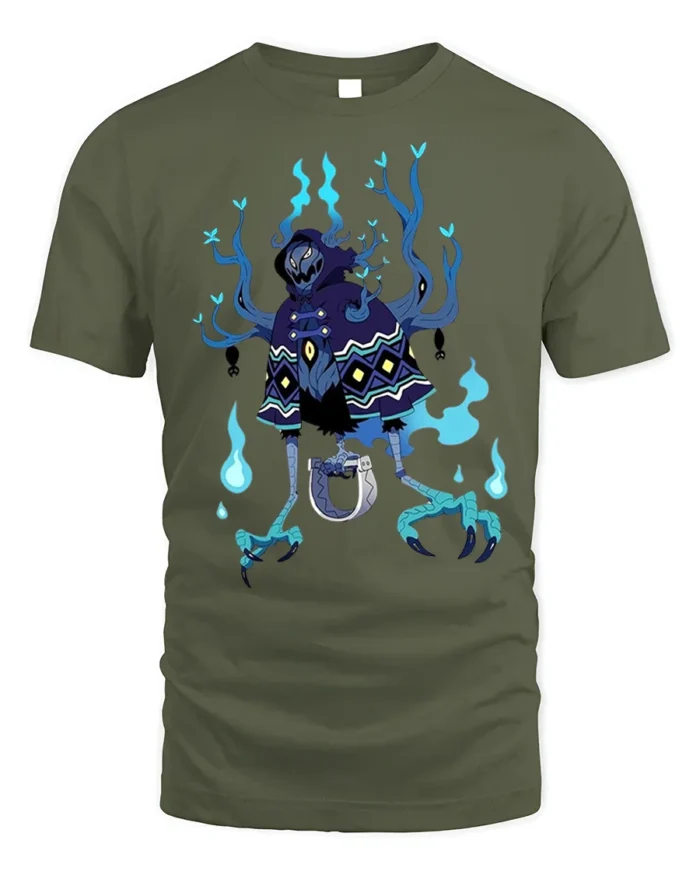 Dark Spirit Reaper T-Shirt Blue Flame Skeleton - military green t-shirt on white background