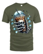 Iced Coffee Skull T-Shirt Cool Gothic Barista - military green t-shirt on white background