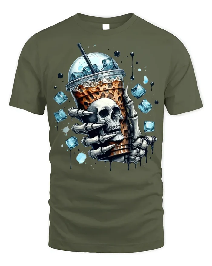 Iced Coffee Skull T-Shirt Cool Gothic Barista - military green t-shirt on white background