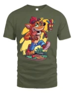 Retro Gamer T-Shirt Fun Orange Cartoon Mascot - military green t-shirt on white background
