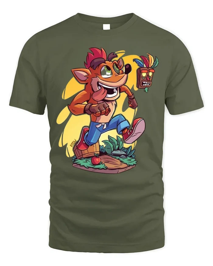 Retro Gamer T-Shirt Fun Orange Cartoon Mascot - military green t-shirt on white background