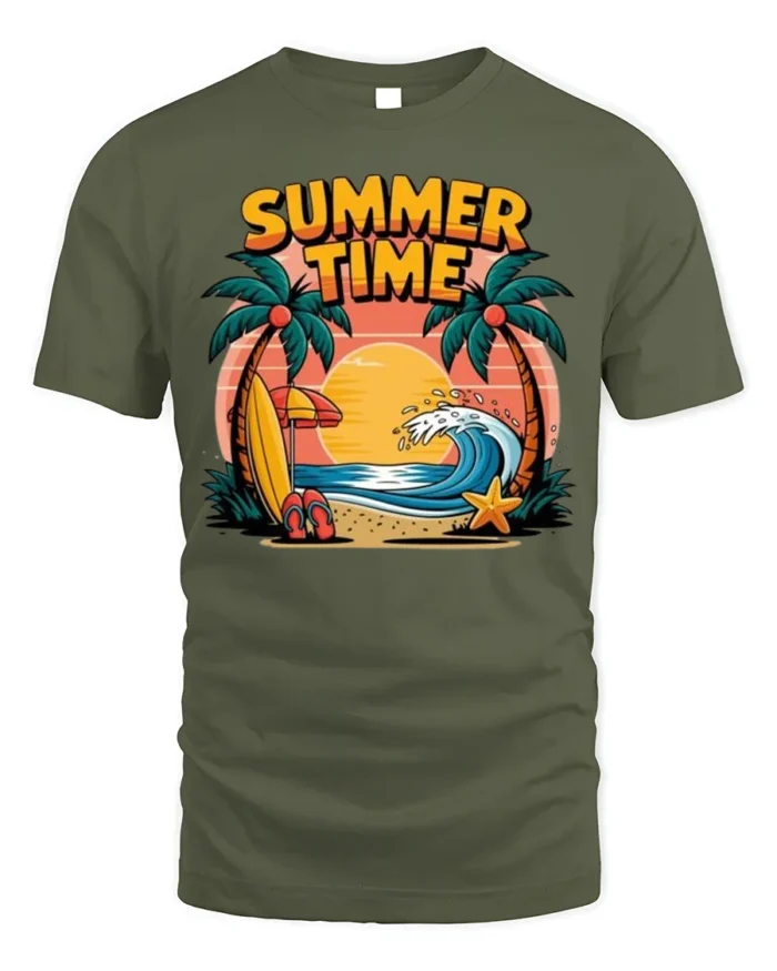 Summer Time Beach T-Shirt Tropical Surf Vibe - military green t-shirt on white background