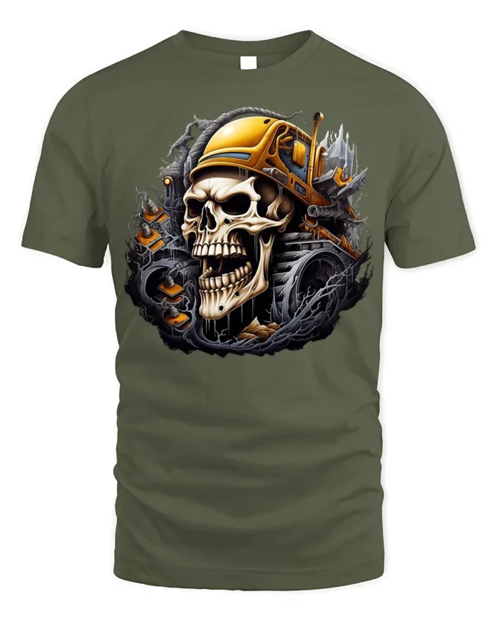 Skull Bulldozer T-Shirt Heavy Metal Construction - military green t-shirt on white background
