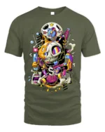 Trippy Cat Skull T-Shirt Psychedelic Gamer Streetwear - military green t-shirt on white background