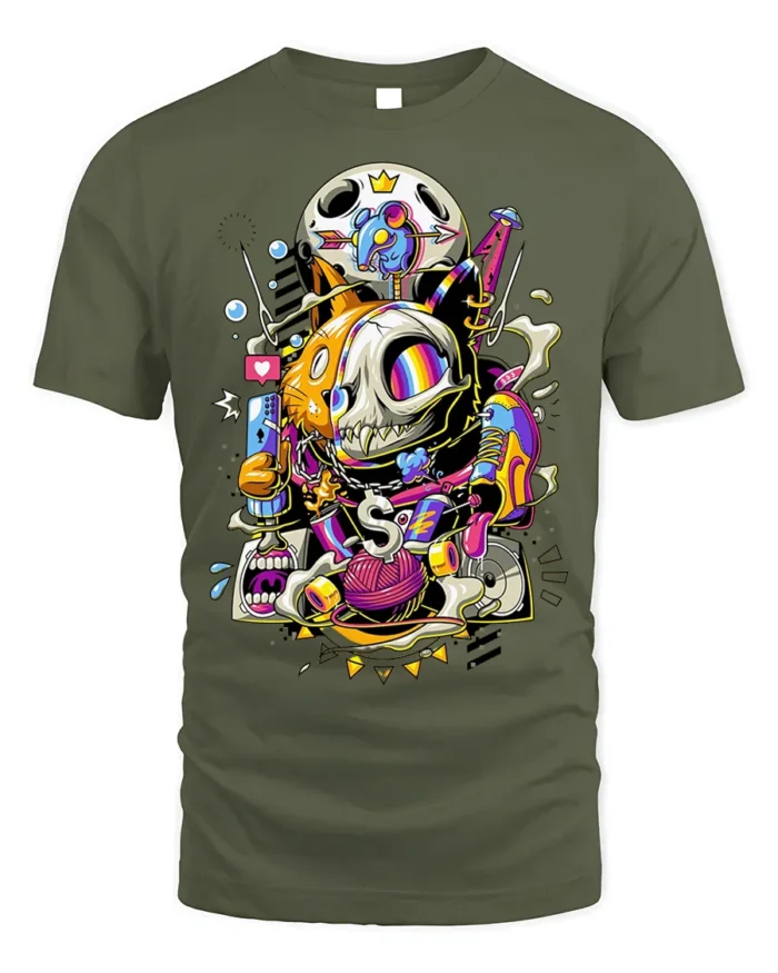 Trippy Cat Skull T-Shirt Psychedelic Gamer Streetwear - military green t-shirt on white background