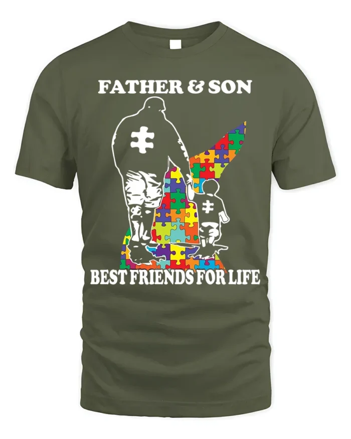Father Son Best Friends Puzzle Autism Support T-Shirt - military green t-shirt on white background