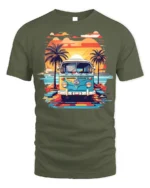 Retro Van Sunset Beach Vibes Summer Vacation T-Shirt - military green t-shirt on white background