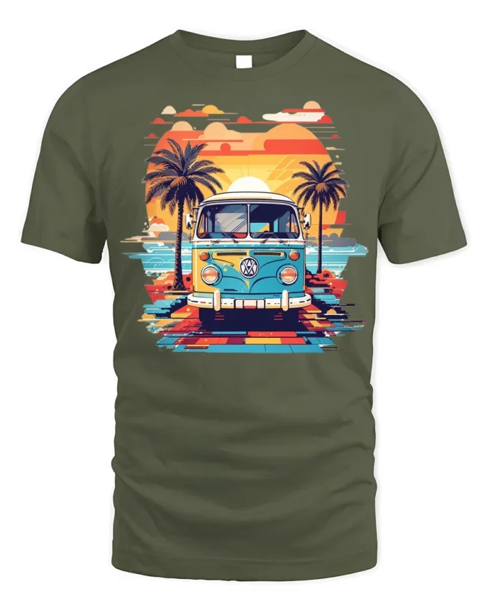 Retro Van Sunset Beach Vibes Summer Vacation T-Shirt - military green t-shirt on white background