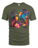 Colorful Birds and Flowers Art T-Shirt for Nature Lovers - military green t-shirt on white background