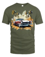 Classic Vintage Car T-Shirt with Palm Trees Retro Design - military green t-shirt on white background