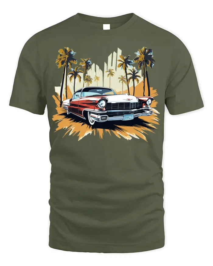 Classic Vintage Car T-Shirt with Palm Trees Retro Design - military green t-shirt on white background